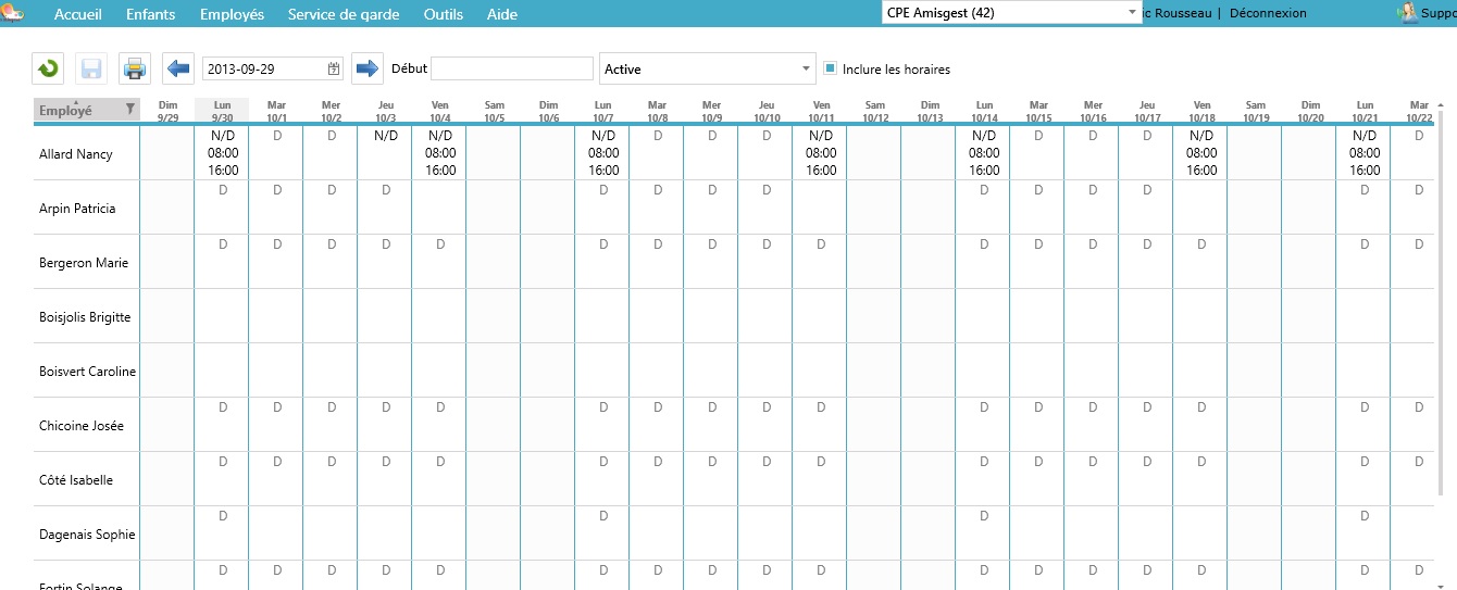 Capture d'écran : disponibilités des employés dans le module de gestion des horaires