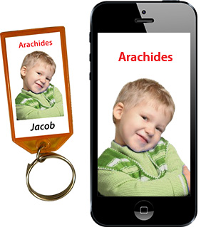 Porte-clés et téléphone affichant l'allergie aux arachides d'un enfant