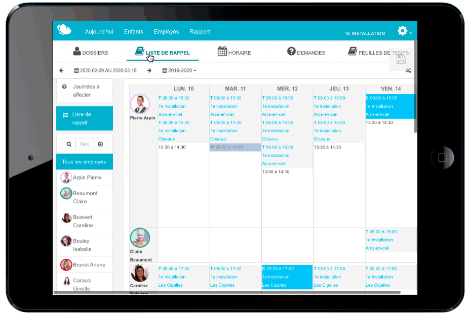 Logiciel Amisgest sur tablette : horaire et liste de rappel du personnel