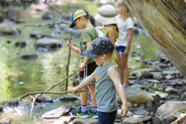 Enfants qui explorent les roches au bord d'un ruisseau