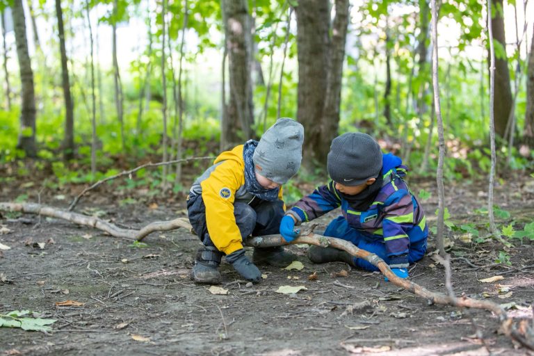 Enfants qui explorent le sol en forêt